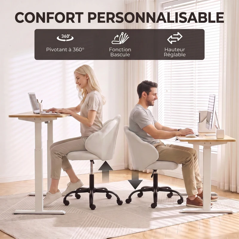 HOMCOM Chaise Bureau en Velours, Chaise Coiffeuse avec Dossier en Pétale, Hauteur Réglable, Fonction Bascule, Crème