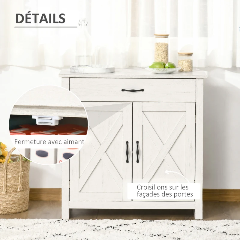 HOMCOM Buffet salon, meuble de rangement avec tiroir, 2 portes de grange et étagère réglable, 80 x 39,7 x 80 cm, blanc