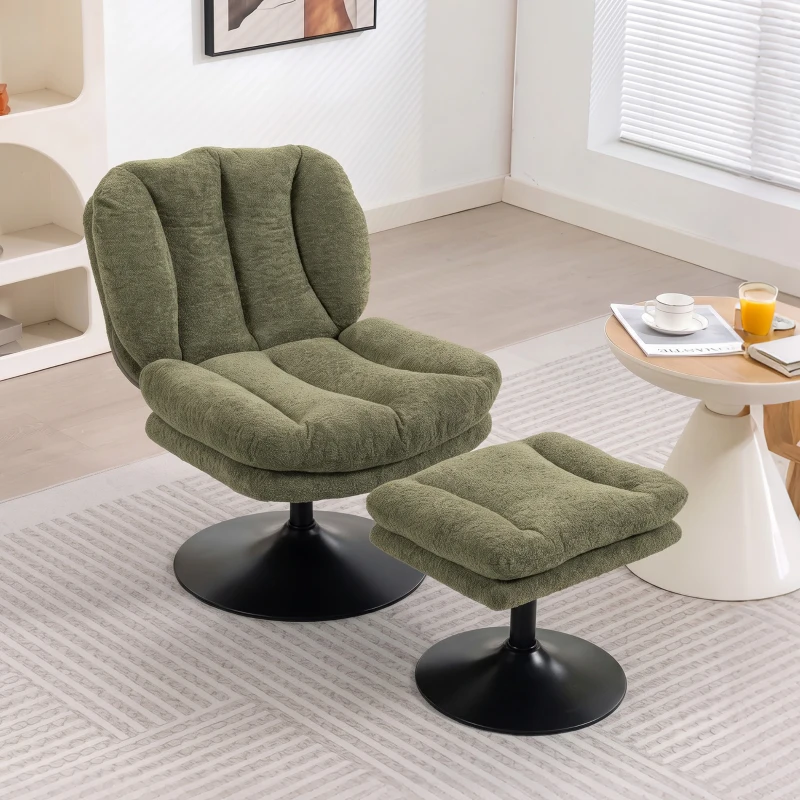 HOMCOM Loungesessel mit Hocker, 360° drehbar, aus Raindrop-Samt, höhenverstellbarer Fußhocker, Grün