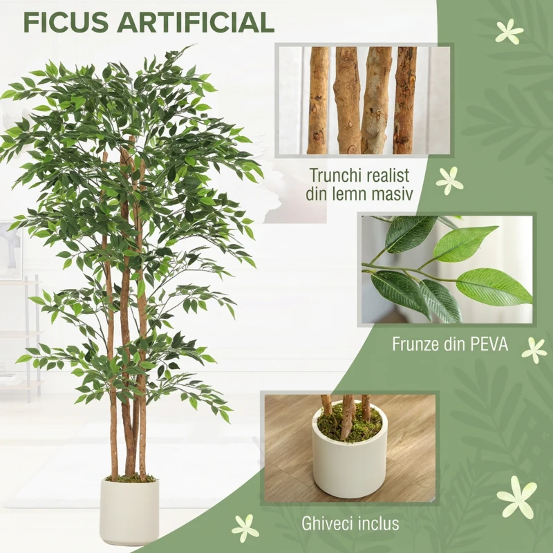 HOMCOM Plantă Artificială Ficus Banyan din Peva și Lemn, cu Ramuri Flexibile și Ghiveci din PP și Ciment, Verde