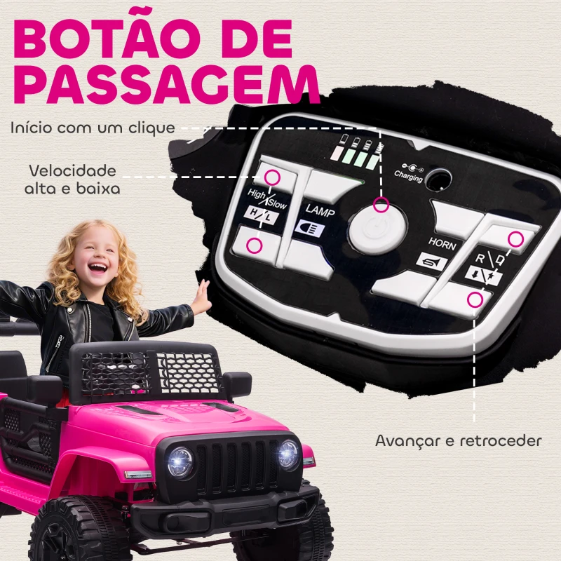 HOMCOM Carro Elétrico Infantil Bateria 12V com 2 Motores Controle Remoto 2.4G Luzes Buzina Velocidade Ajustável 100x65x72 cm Rosa