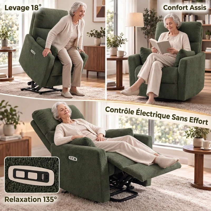 HOMCOM Fauteuil Releveur Électrique Massage Vibration et Chaleur en Peluche Teddy, Dossier Inclinable, 83x94,5x102cm Vert Foncé