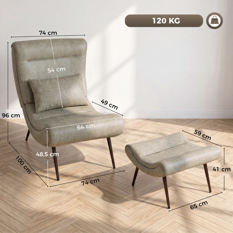 HOMCOM Sillón con Reposapiés Asiento Ancho Cojín Lumbar y Respaldo Curvo Tapizado en Leathaire Patas de Acero Blanco Crema