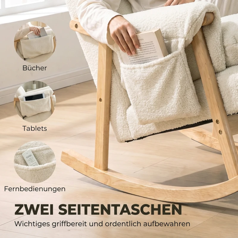 HOMCOM Schaukelstuhl mit Seitentaschen, Snow-Flannel-Bezug und Beinen aus Gummibaumholz, cremeweiß