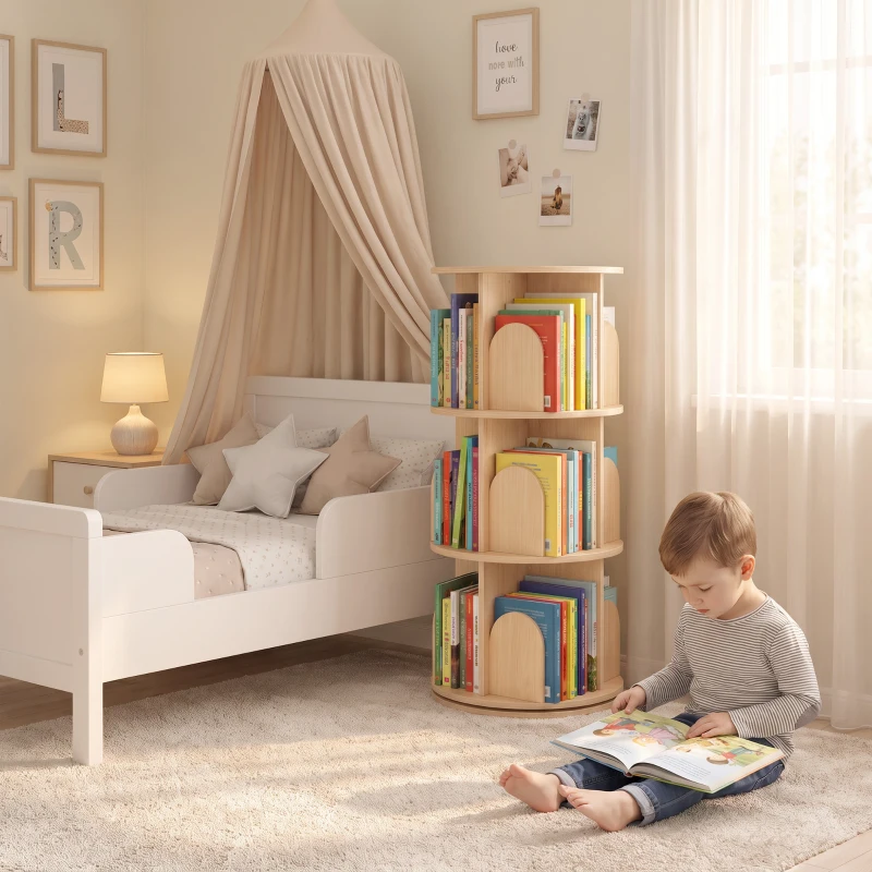 AIYAPLAY 3-Tier Rotating Bookcase, Round Kids Bookshelf Floor Standing 360° Rotating for Bedroom, Kids Room and Playroom, Natural