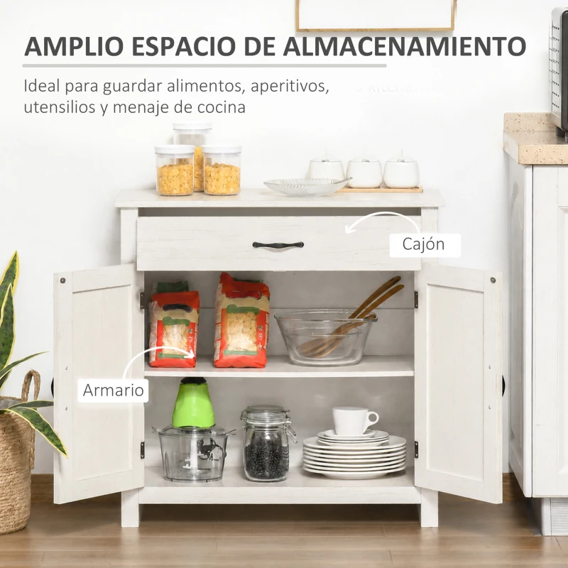 HOMCOM Aparador de Cocina con Cajón 2 Puertas y Estante Interior Mueble Auxiliar Decorativo 80x39,7x80 cm Blanco Lavado