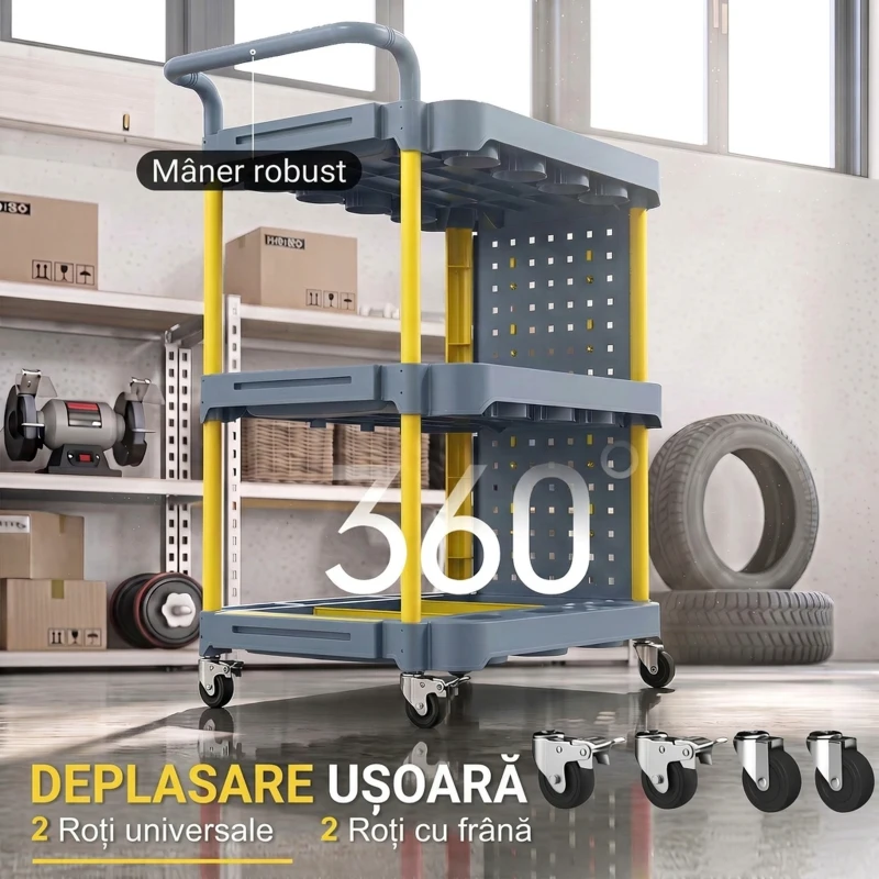 HOMCOM Cărucior portscule cu 3 rafturi, panou perforat, cârlige, roți cu frână și mâner, gri/galben