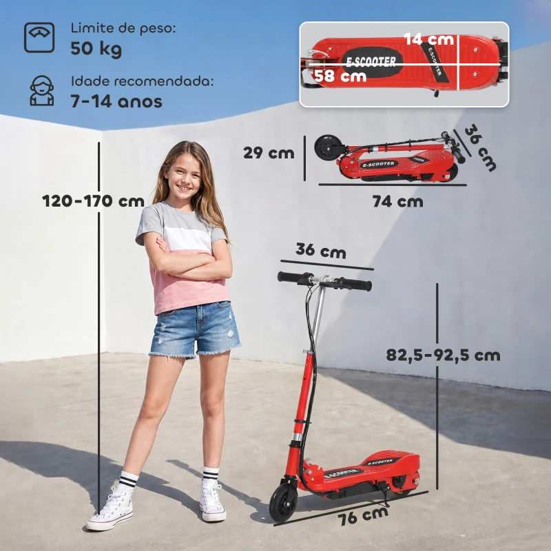 HOMCOM Trotinete Elétrica para Crianças + 7 Anos trotinete Dobrável com Altura Ajustável Bateria Recarregável 24V Velocidade até 12 km/h e Carga 50 kg 74x36x73-91 cm Vermelho