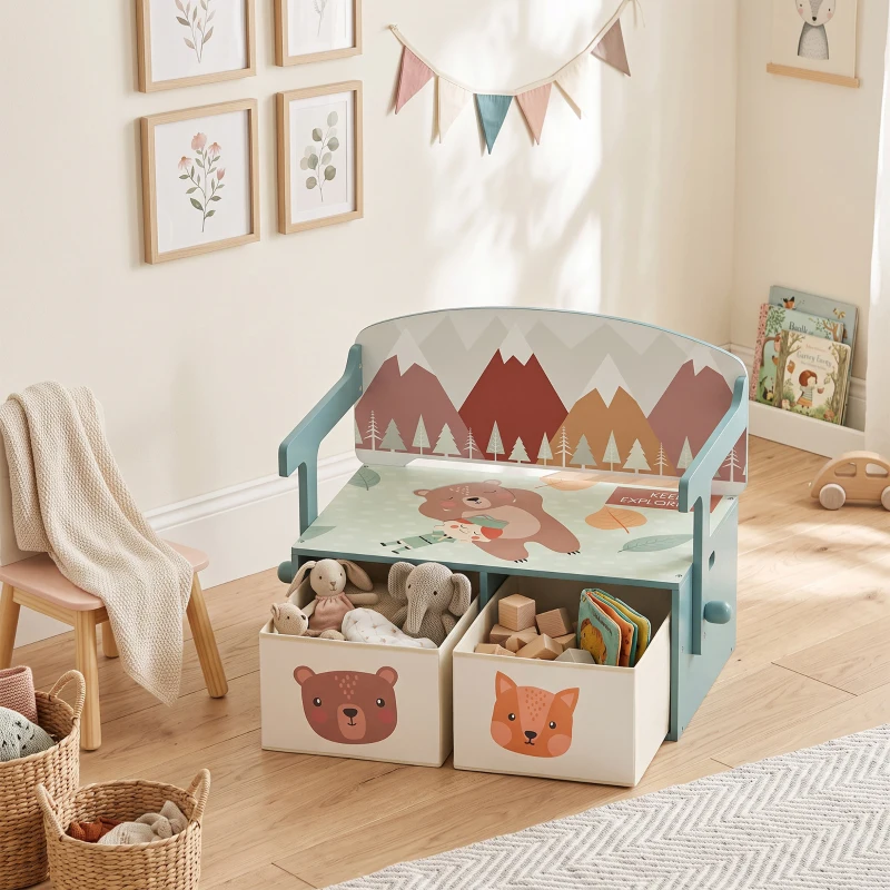 AIYAPLAY Kids Table and Chair Set, 3 in 1 Wooden Toy Box with 2 Fabric Drawers for Bedroom, Playroom, Gift for Boys Girls, Green