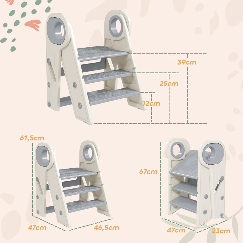 AIYAPLAY Banco para Crianças Dobrável Torre de Aprendizagem Escada para Crianças Antiderrapante  46,5x47x61,5 cm Cinza e Branco