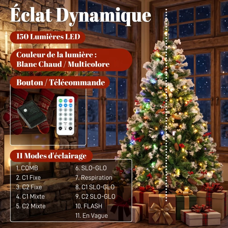 HOMCOM Sapin de Noël Artificiel Lumineux et Enneigé 120cm, Arbre de Noël, Télécommande, 11 Modes d'Éclairage, 150 LED, Vert