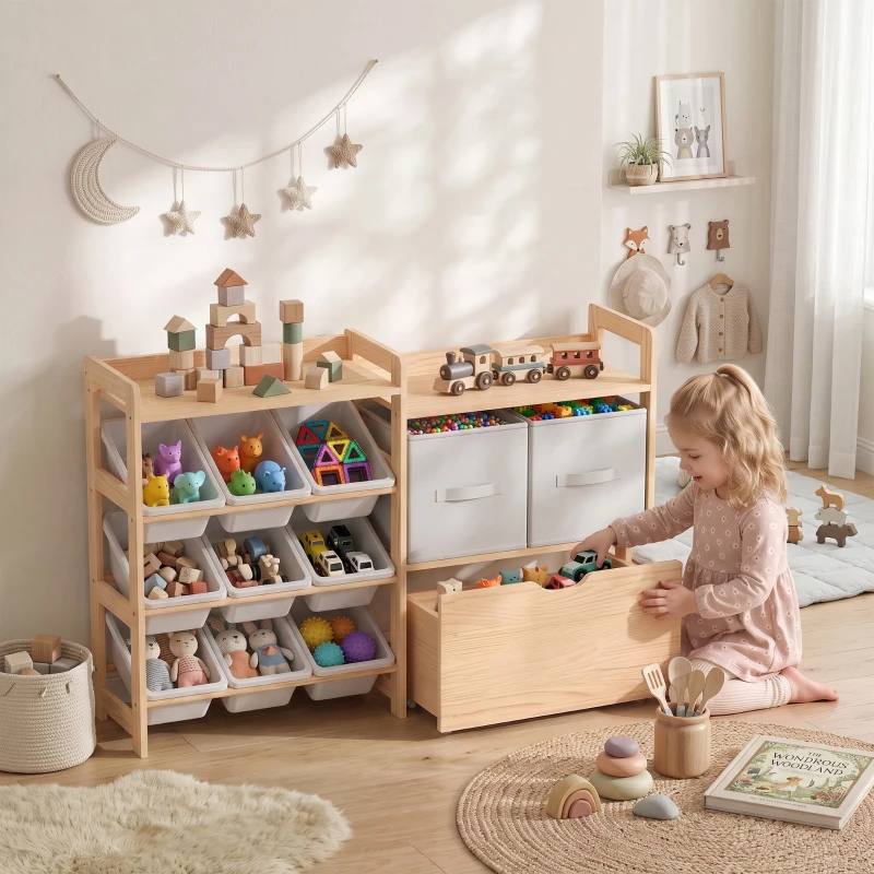 AIYAPLAY Wooden Toy Storage Unit with Rolling Toy Chest, 2 Fabric Drawers, 2 Shelves and 9 Bins for Bedroom, Playroom, Nursery