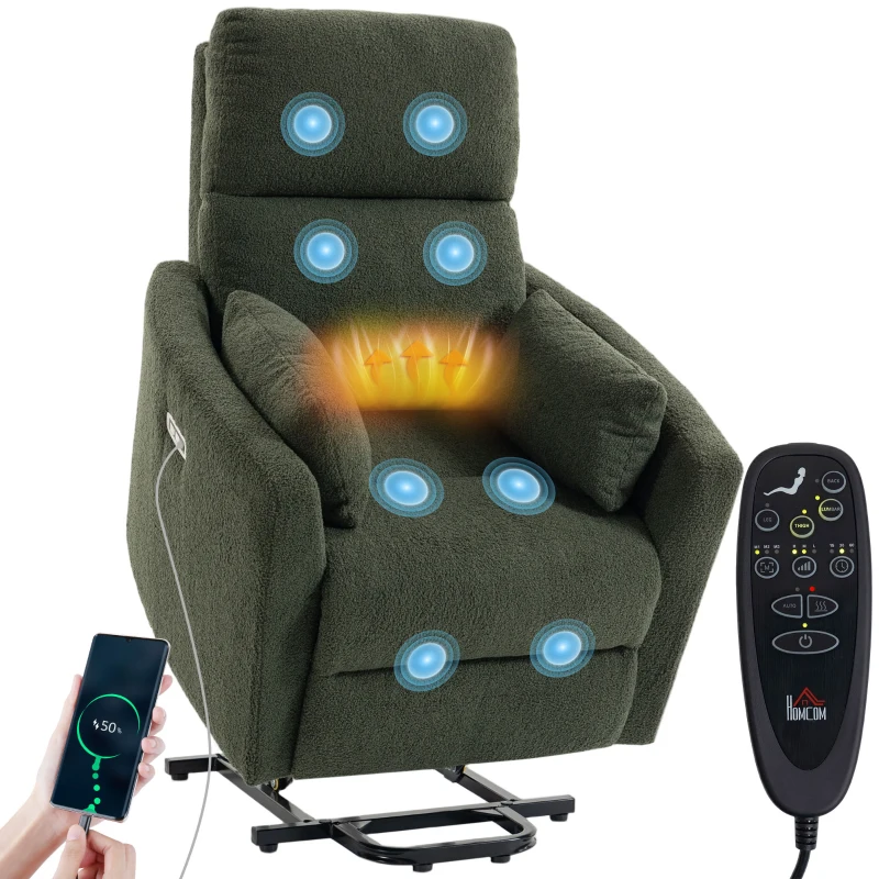 HOMCOM Aufstehsessel mit Massage und Wärme, elektrischer Relaxsessel aus Teddyfleece für Senioren, Dunkelgrün
