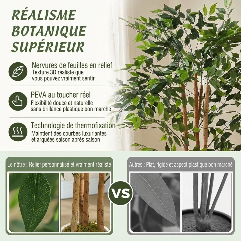 HOMCOM Plante artificielle intérieure 150 cm banian arbre artificiel, pot en plastique et tronc en bois massif, vert