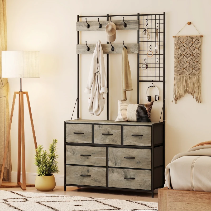 HOMCOM Porte-Manteau 4 en 1, Meuble d'Entrée avec 7 Tiroirs Pliables en Tissu, 14 Crochets et Panneau Grillagé, Gris Effet Bois