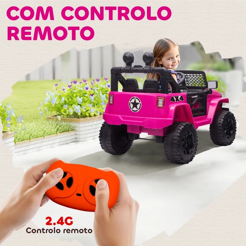 HOMCOM Carro Elétrico Infantil Bateria 12V com 2 Motores Controle Remoto 2.4G Luzes Buzina Velocidade Ajustável 100x65x72 cm Rosa