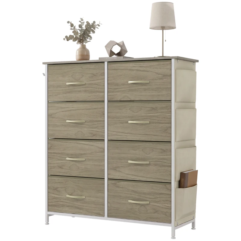 HOMCOM Chest of Drawers, Dresser for Bedroom with 8 Fabric Drawers, Tall Storage Unit w/ Side Storage Bag, Natural Wood Finish