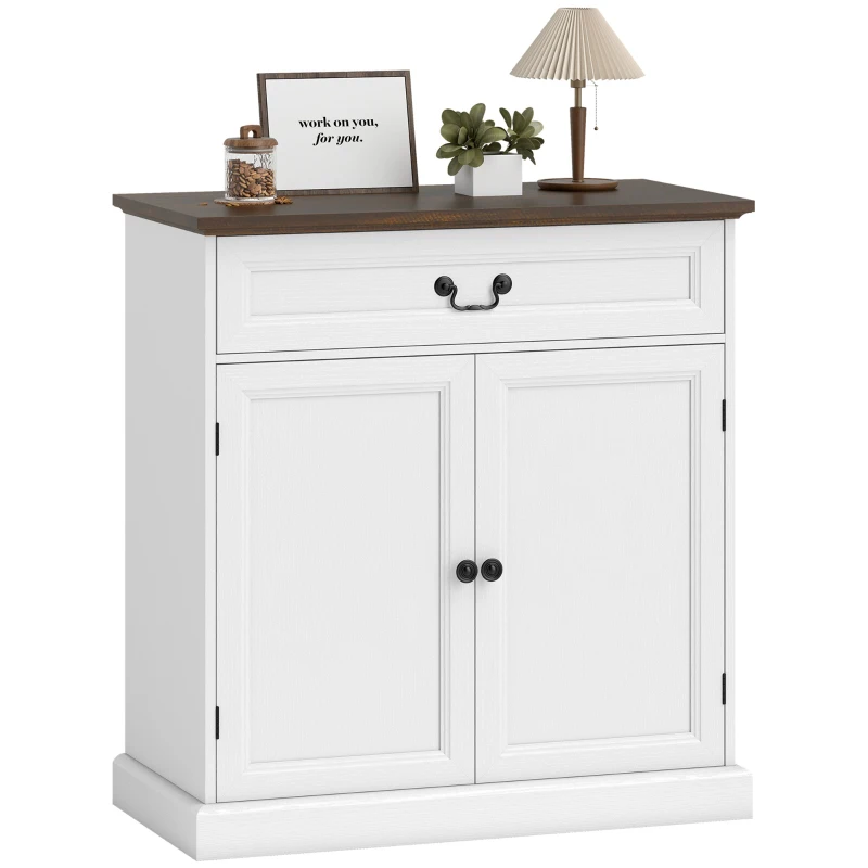 HOMCOM Buffet salon, meuble de rangement avec 2 portes, tiroir silencieux, étagère réglable, 80x40x85cm, blanc et marron