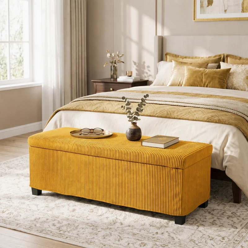 HOMCOM Banco Almacenaje Capacidad de 84 L 112x42x40cm Tapizado en Pana Pie de Cama para Sala de Estar Dormitorio Amarillo