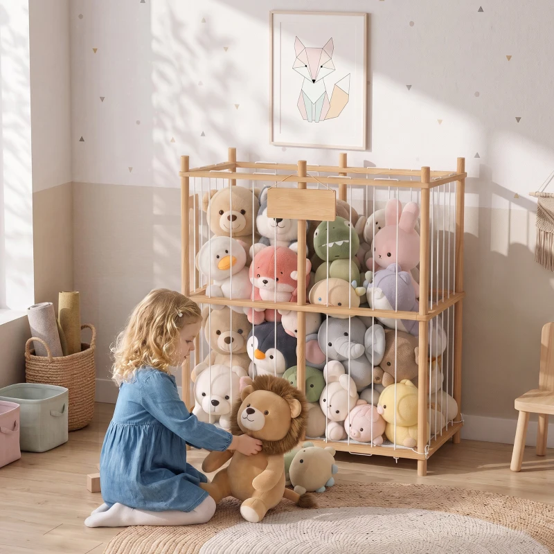 AIYAPLAY Organizador de Peluches em Madeira com Cordões Elásticos, Estante Infantil para Brinquedos, 3-8 Anos, 76x40x94,5 cm, Natural