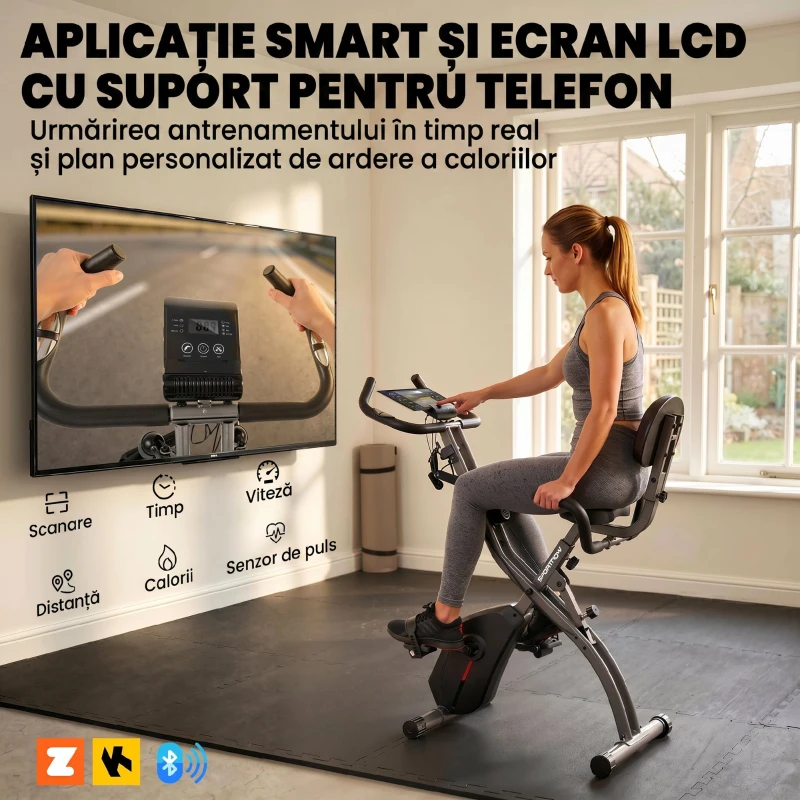 SPORTNOW Bicicletă hometrainer 3 în 1 pliabilă, silențioasă, ergometru recumbent cu monitor LCD, Bluetooth, senzor de ritm cardiac, bandă de rezistență