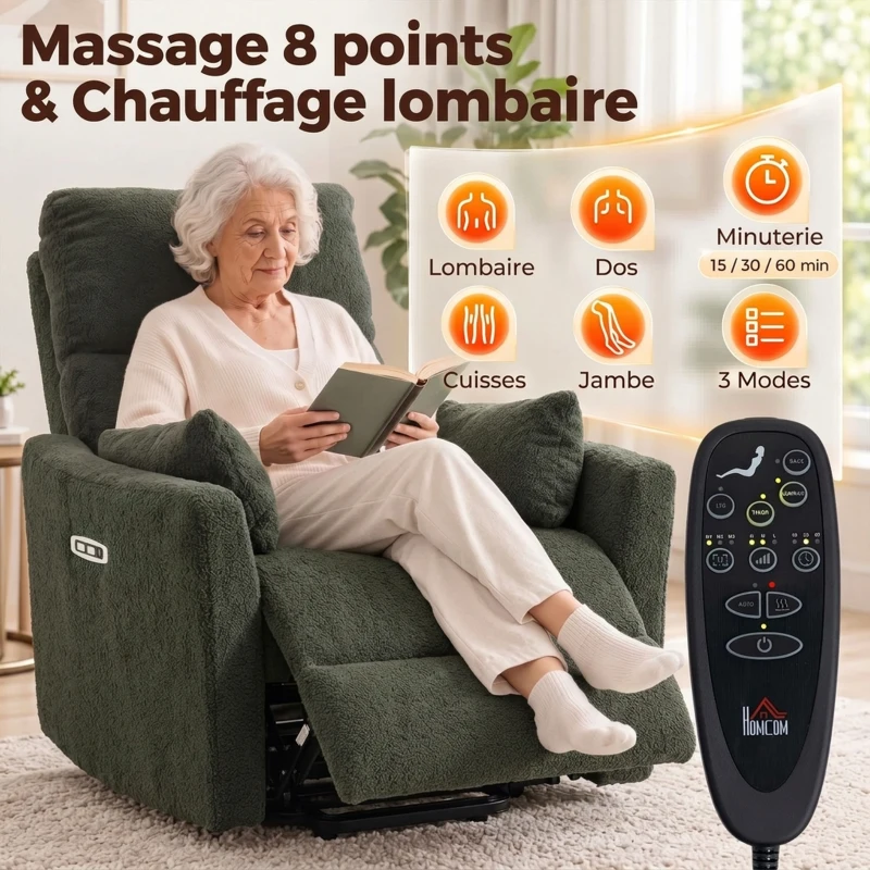 HOMCOM Fauteuil Releveur Électrique Massage Vibration et Chaleur en Peluche Teddy, Dossier Inclinable, 83x94,5x102cm Vert Foncé
