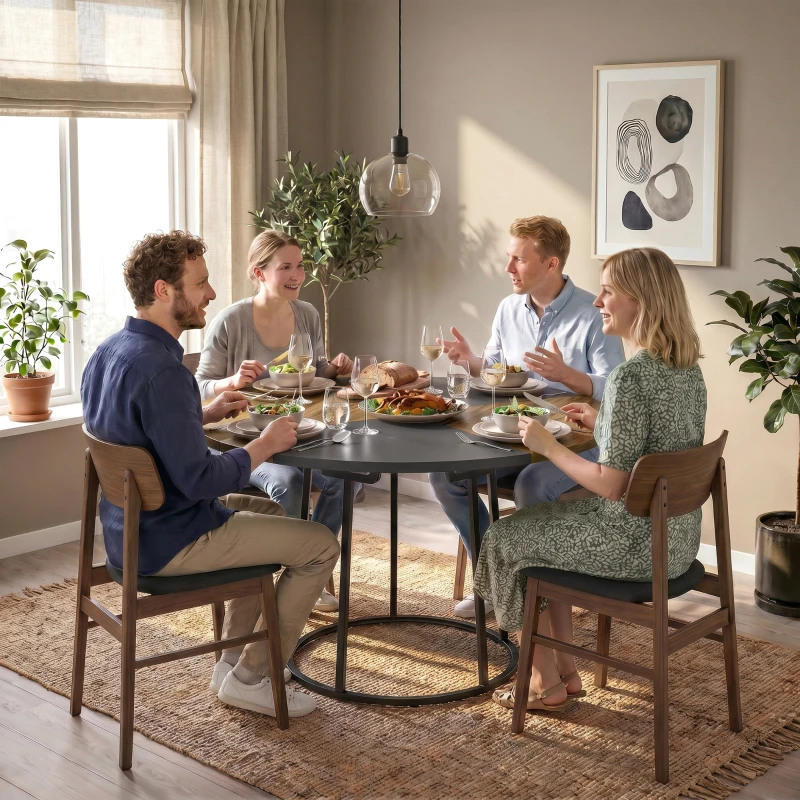 HOMCOM Masă de Dining Rotundă pentru 4-6 Persoane, Blat Bicolor MDF și Metal, 120x120x75 cm, Maro Rustic și Negru