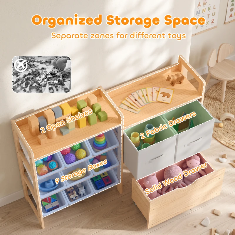 AIYAPLAY Wooden Toy Storage Unit with Rolling Toy Chest, 2 Fabric Drawers, 2 Shelves and 9 Bins for Bedroom, Playroom, Nursery