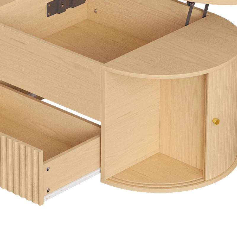 HOMCOM Table Basse Relevable Ovale, Compartiment Caché, Tiroir Cannelé, Portes Coulissantes et Placards, 100x50x40cm, Chêne