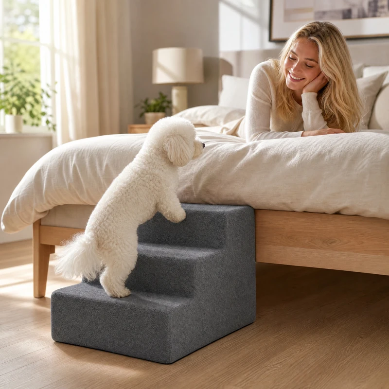 PawHut Hondentrap met 3 Treden, Afneembare Hoes, voor Kleine Honden, 35 cm, Donkergrijs
