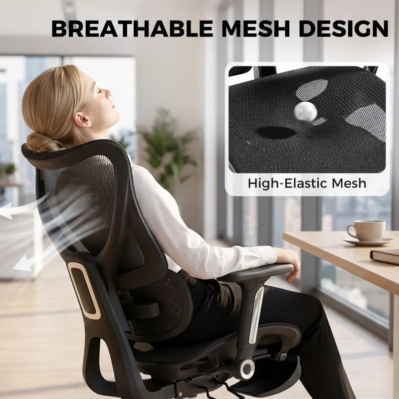 HOMCOM Ergonomic Office Chair with Lumbar Support, Mesh Reclining Desk Chair with Footrest, Adjustable High Back, Black