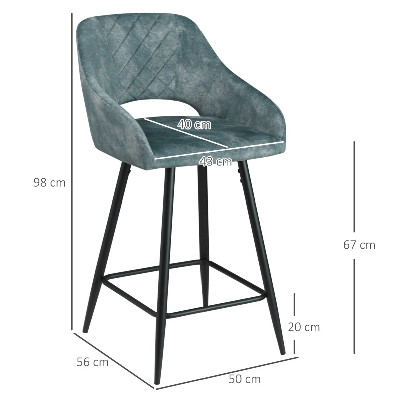 HOMCOM Bar Stools Set of 2, Velvet-Touch Fabric Counter Height Bar Chairs, Kitchen Stools with Steel Legs for Dining Area, Kitchen Island Barstools, Blue