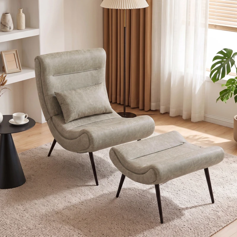 HOMCOM Sillón con Reposapiés Asiento Ancho Cojín Lumbar y Respaldo Curvo Tapizado en Leathaire Patas de Acero Blanco Crema
