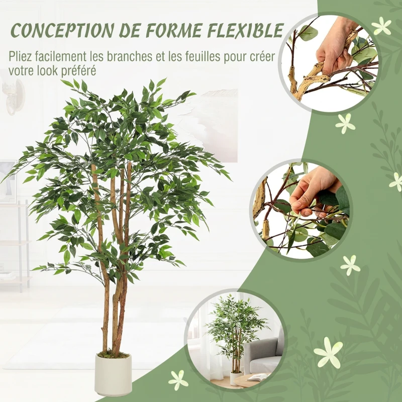 HOMCOM Plante artificielle intérieure 150 cm banian arbre artificiel, pot en plastique et tronc en bois massif, vert