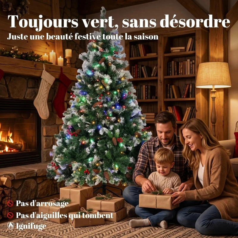 HOMCOM Sapin de Noël Artificiel Lumineux et Enneigé 150cm, Arbre de Noël, Télécommande, 11 Modes d'Éclairage, 210 LED, Vert