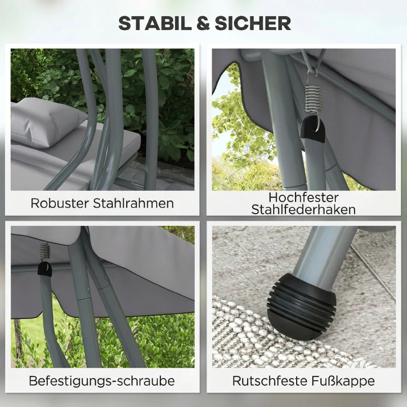 Outsunny 2-in-1 Hollywoodschaukel mit Liegefunktion, verstellbares Dach, bis 340 kg, Stahl, 200x120x164 cm, Grau(m-6)