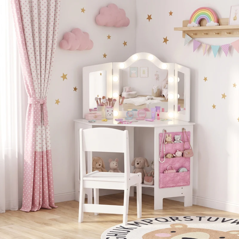 AIYAPLAY Kids Dressing Table and Stool Set, Girls Vanity Table with 2-Colour LED Lights, Tri-Folding Mirror, White