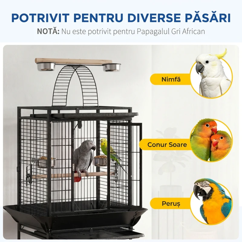 PawHut Colivie pentru Peruşi cu 2 Stinghii și Scară în Arc, din Oțel, 62,5x62,5x156 cm, Gri
