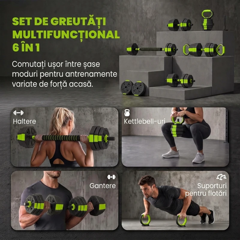 SPORTNOW Set Greutăți pentru Sală 6-în-1 Multifuncțional, Total 25 kg, Plastic și Nisip, 125x18x18 cm, Verde