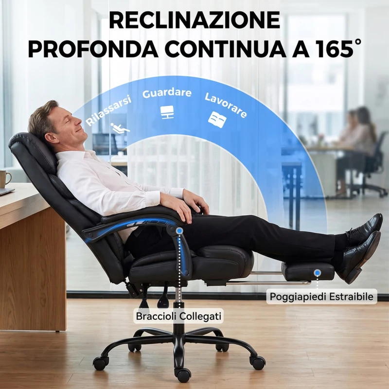 HOMCOM Sedia Ufficio Ergonomica Girevole Reclinabile 165° in Pelle PU, Poggiapiedi, Altezza Regolabile, Nero
