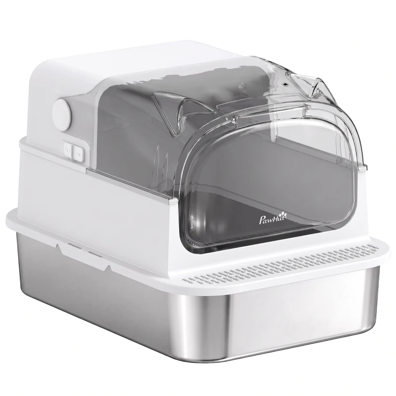 PawHut Lettiera Gatti Chiusa XL 3 in 1 90L in Acciaio Inox con Coperchio Rimovibile, Paletta, Bianco