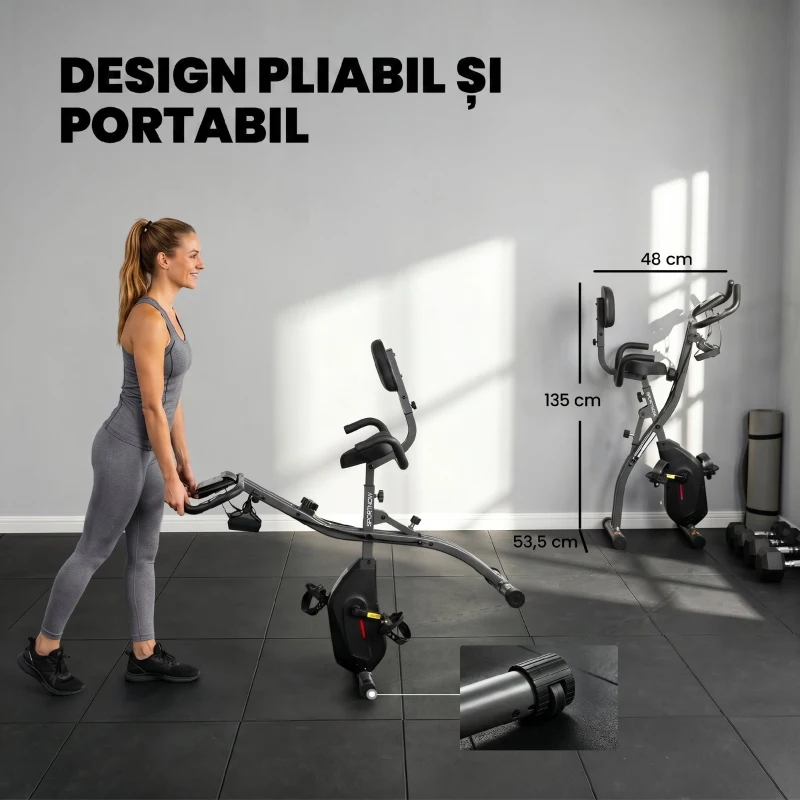 SPORTNOW Bicicletă hometrainer 3 în 1 pliabilă, silențioasă, ergometru recumbent cu monitor LCD, Bluetooth, senzor de ritm cardiac, bandă de rezistență