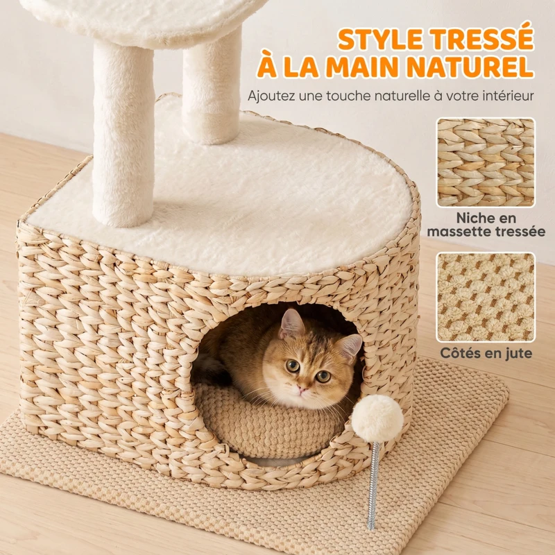 PawHut Arbre à Chat Design Moderne Style Tressé avec Griffoir 4 Niveaux Niche en Massette Perchoir en Jute 87 cm Beige