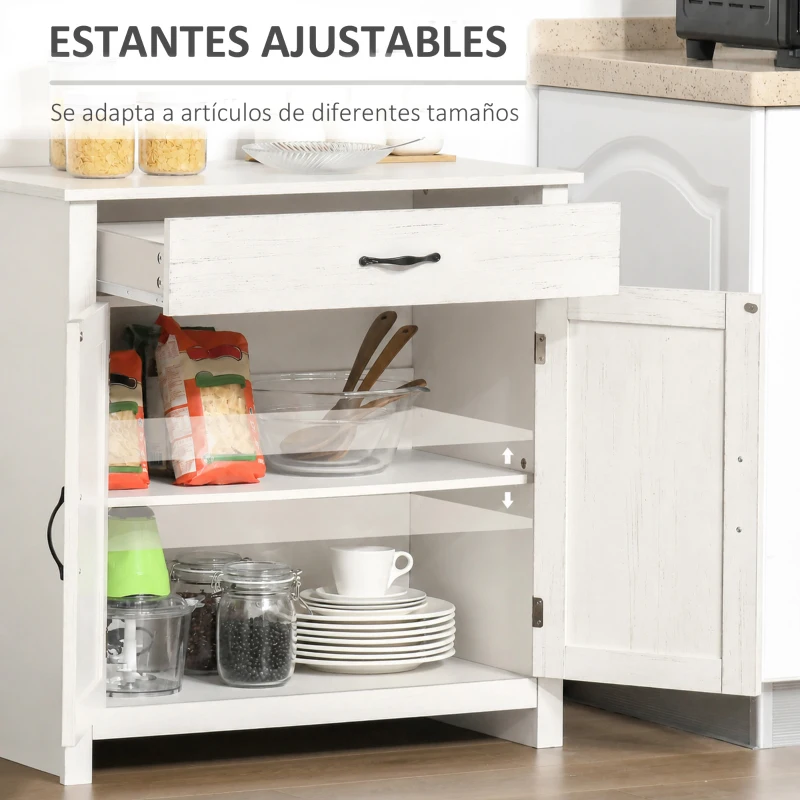 HOMCOM Aparador de Cocina con Cajón 2 Puertas y Estante Interior Mueble Auxiliar Decorativo 80x39,7x80 cm Blanco Lavado