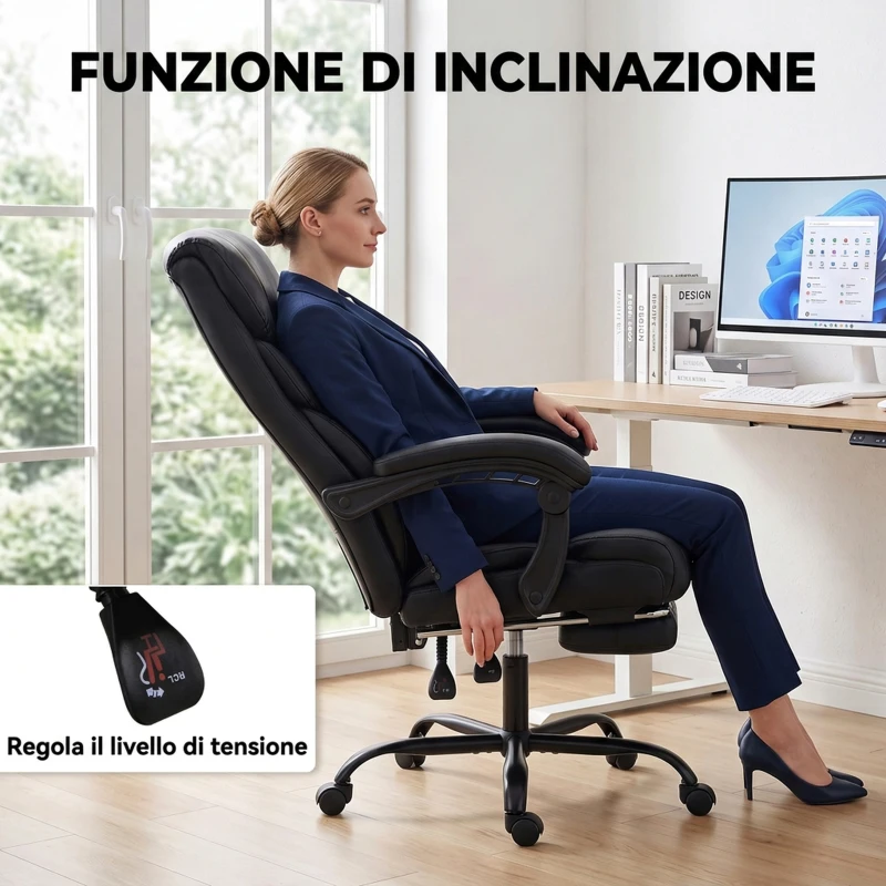 HOMCOM Sedia Ufficio Ergonomica Girevole Reclinabile 165° in Pelle PU, Poggiapiedi, Altezza Regolabile, Nero