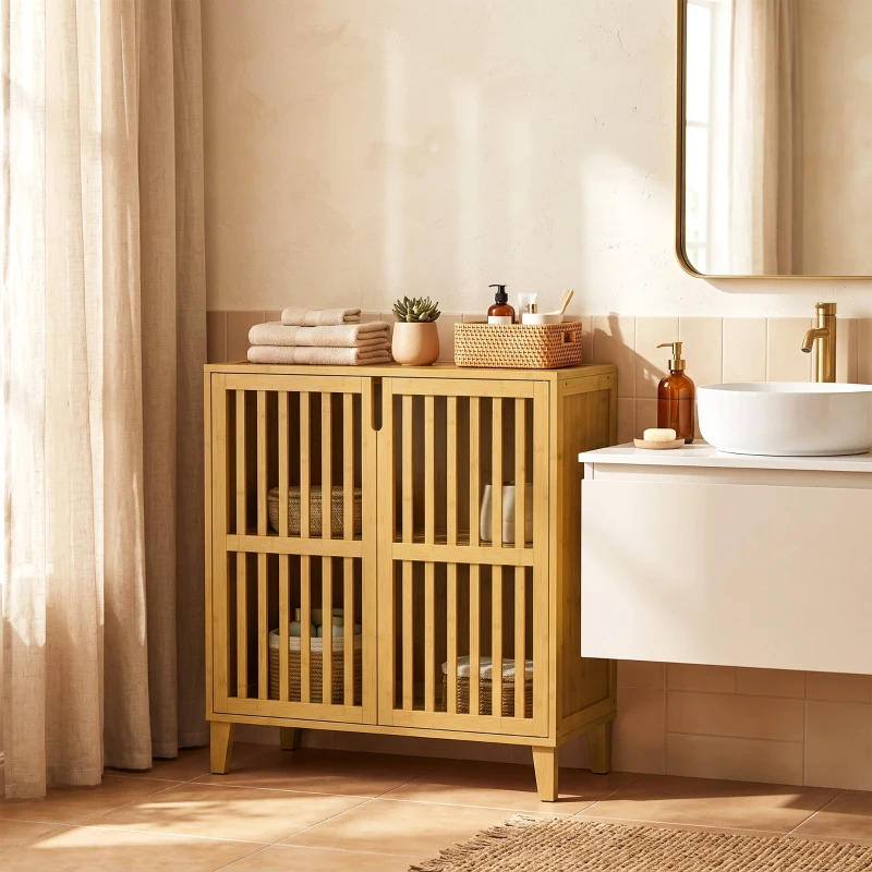 HOMCOM Mobiletto Bagno Stretto in Bambù con Ripiano Regolabile, Naturale