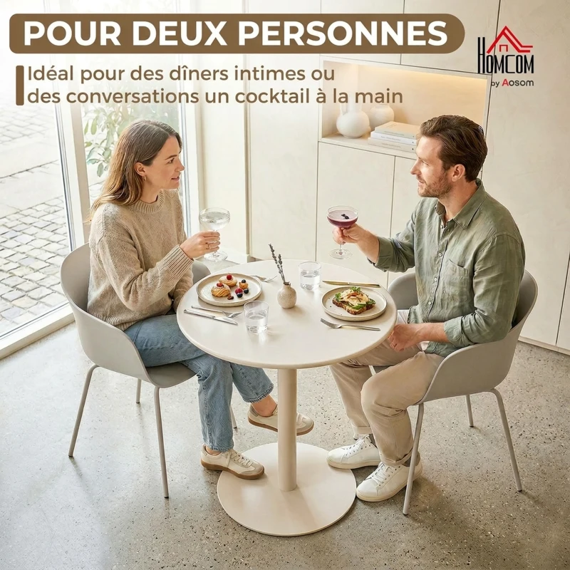 HOMCOM Table à Manger Ronde pour 2 Personnes Ø60 cm, Moderne avec Base Ronde, Cadre en Acier, pour Intérieur Extérieur, Beige