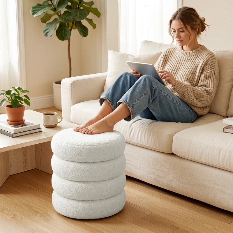 HOMCOM Hocker, rund, Teddyfleece, bis 120kg, Φ40x45H cm, Weiß