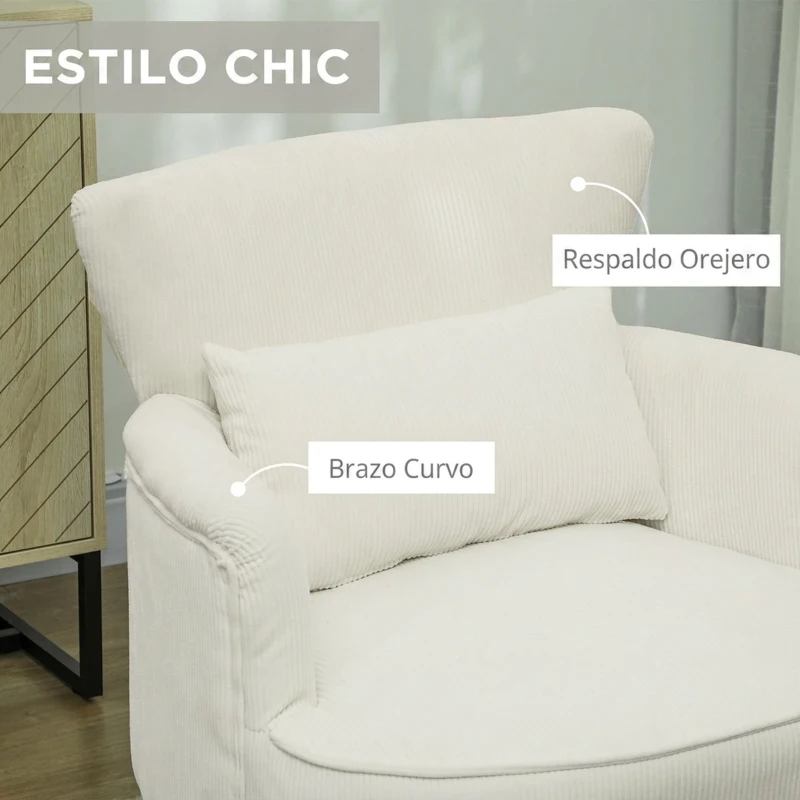 HOMCOM Sillón Relax Sofá Individual de Pana con Cojín Reposabrazos Patas de Madera para Dormitorio Oficina Crema