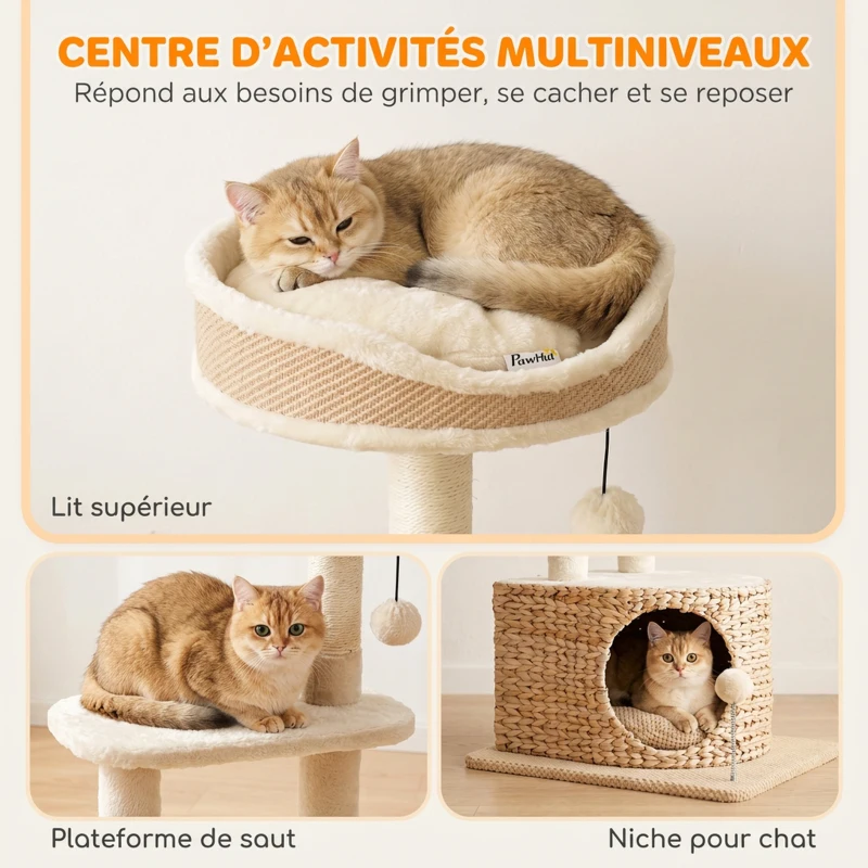 PawHut Arbre à Chat Design Moderne Style Tressé avec Griffoir 4 Niveaux Niche en Massette Perchoir en Jute 87 cm Beige
